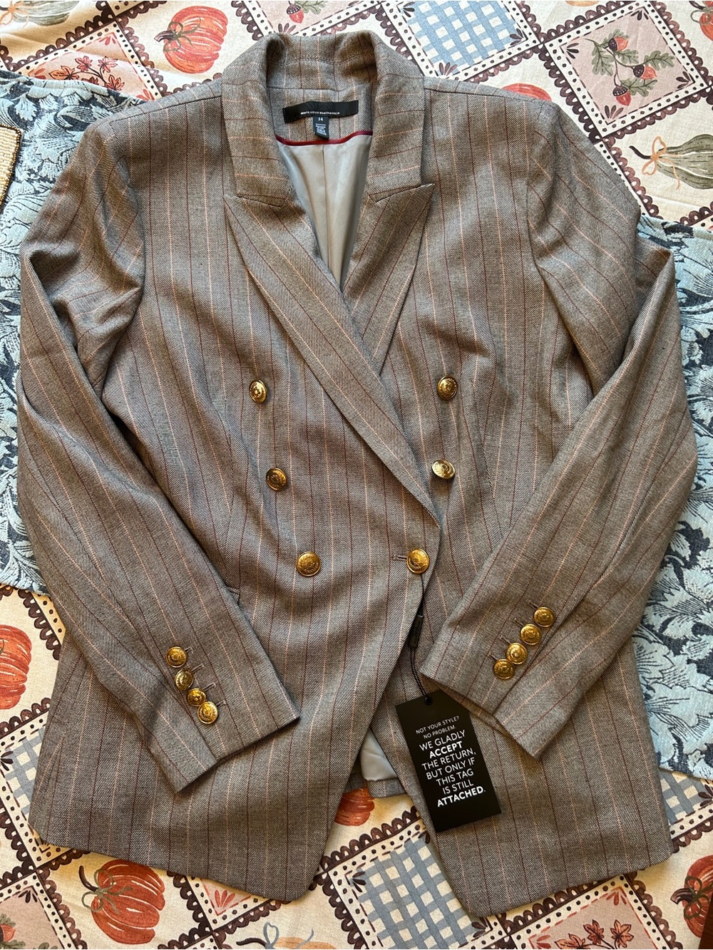 NWT White House Black Market brown and beige pinstripe blazer with gold buttons